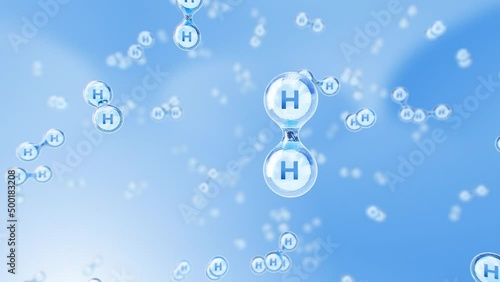 Hydrogen molecule. We move to the molecular level and fly up to the hydrogen molecule. The blue concept of green energy. Carbon free. photo