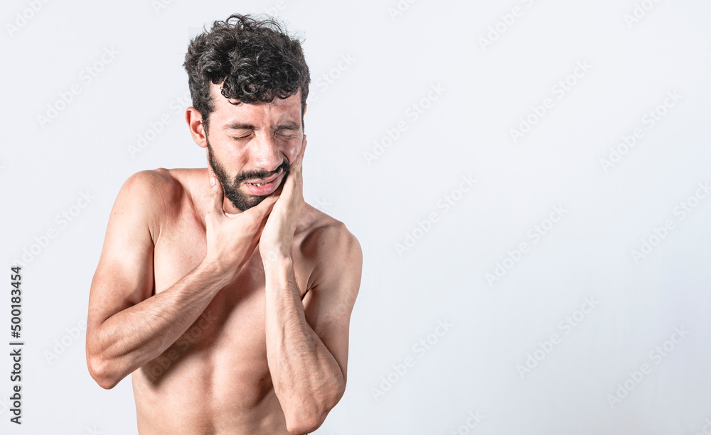 Fototapeta premium Man with earache on isolated background, ear disease concept, Person with earache on isolated background