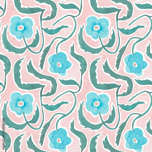 Floral seamless watercolor pattern in a minimalistic style. Hand drawn background with simple flowers