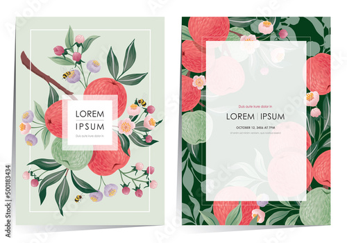  Vector illustration of a frame set with apple fruits and flowers. 	