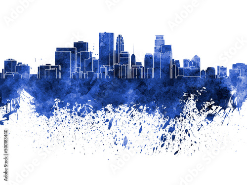 Minneapolis skyline in blue watercolor on white background photo