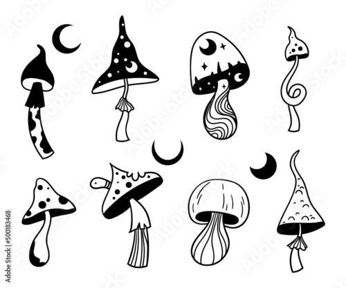 Mystical celestial mushrooms isolated clip art bundle, magic line mushrooms on white, witchy amanita or fly agaric fungus, floral black and white vector