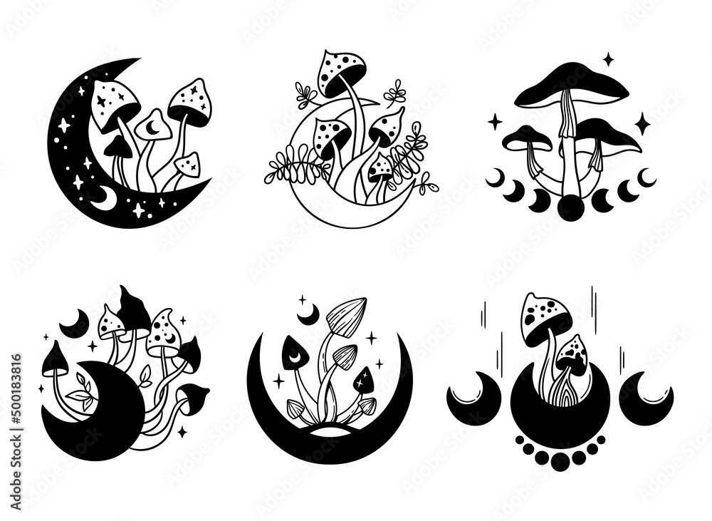 Mystical boho mushroom and moon isolated clip art bundle, magic hand drawn line celestial mushrooms, moon and stars, witchy floral esoteric objects, - black and white vector