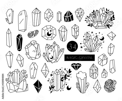 Crystal or gemstone isolated clip art bundle, diamonds black and white line collection, jewelry stone or quartz set, mystical floral crystals hand drawn