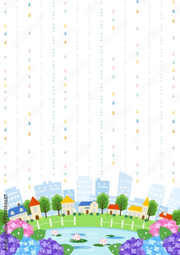 池のある街並み梅雨背景タテ明 Stock Vector Adobe Stock
