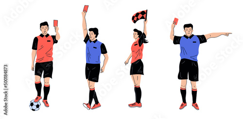 Set of isolated football, soccer arbitrator characters. Men and women in motion, showing different gestures.
