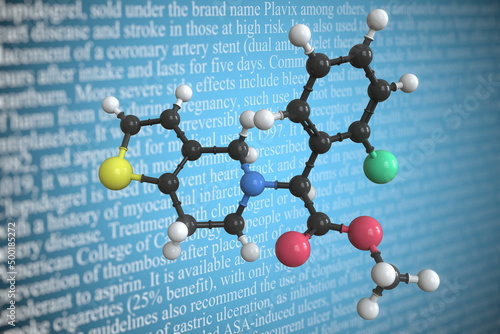 Clopidogrel scientific molecular model, 3D rendering