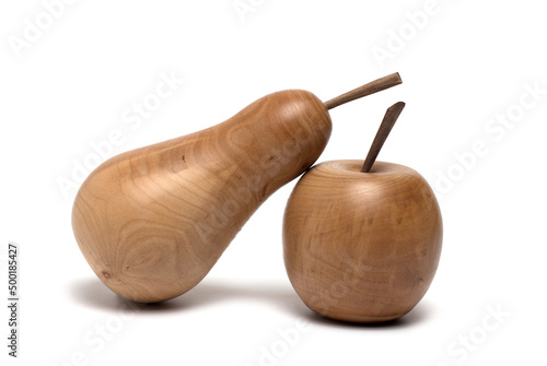 pear leaning apple wood turned white background