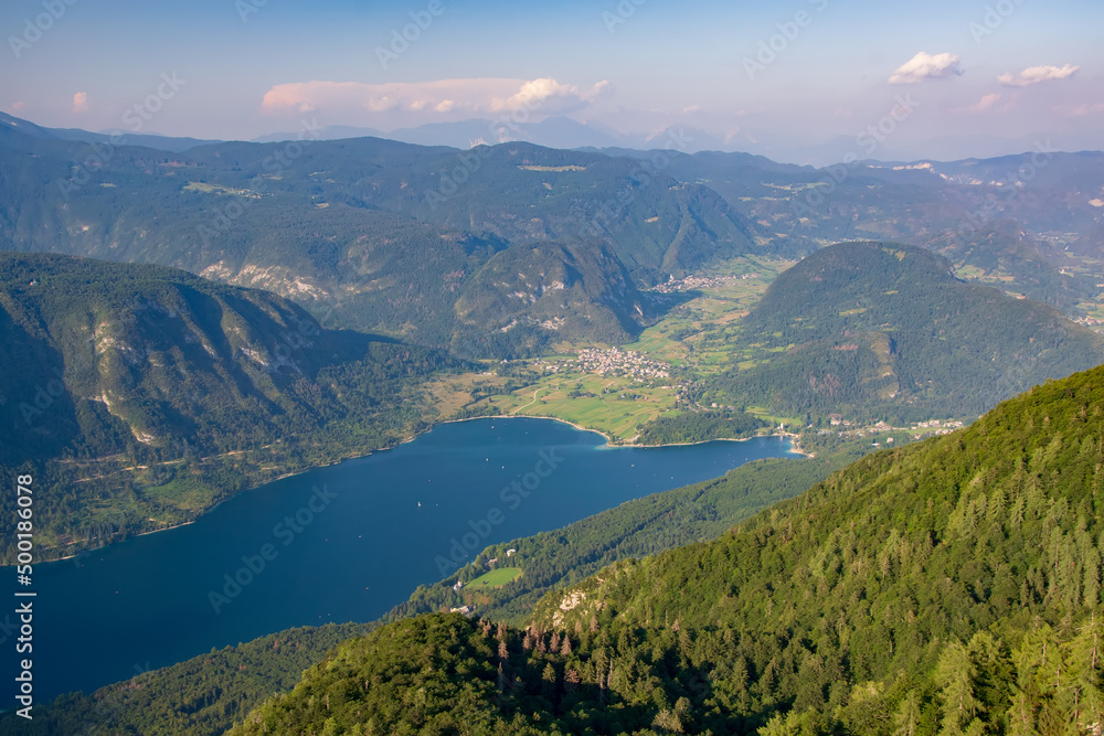 Breathtaking view of the famous Bohinj lake from Vogel mountain. Triglav national park, Julian Alps, Slovenia