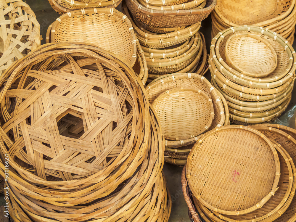 Random assortment of woven cane baskets Random assortment of woven cane baskets
