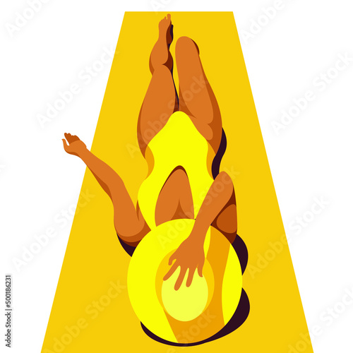 vector image on the theme of summer holidays.a beautiful young tanned girl in a yellow swimsuit with a hat is sunbathing on the beach.useful for advertising summer vacations, resorts, hotels, beaches