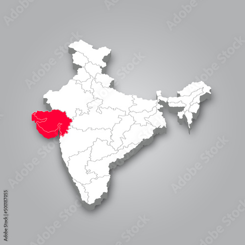 India 3D map and Gujarat map marked red on India political map vector illustration. Gray background.