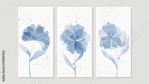 Vintage style flower wall art template. Collection of hand drawn leaves with watercolor texture, flower garden, blue floral. Botanical poster set for wall decoration, interior, wallpaper, banner.
