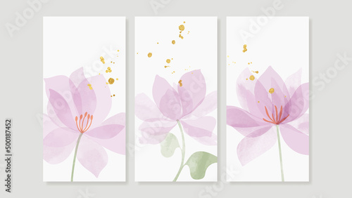 Vintage style flower wall art template. Collection of hand drawn leaves with gold watercolor texture, flower garden, pink floral. Botanical poster set for wall decoration, interior, wallpaper, banner.