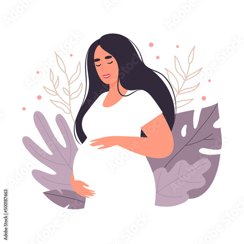 Happy pregnant woman with tummy on a background of leaves. Future mom of hugging belly with arms. Concept of pregnancy and motherhood. Flat vector illustration.