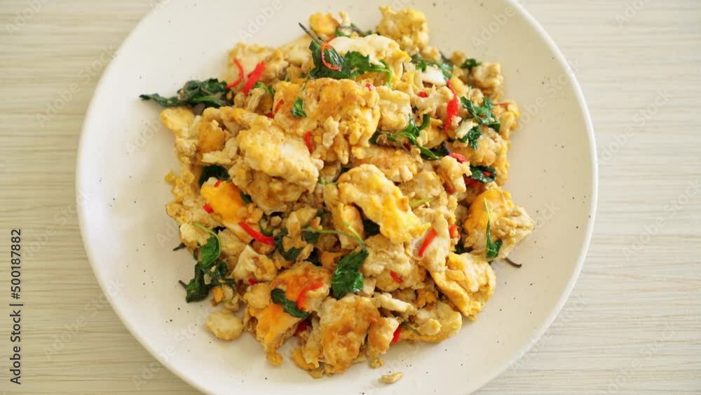 stir-fried egg with Thai basil and chilli - Asian food style stir-fried egg with Thai basil and chilli - Asian food style