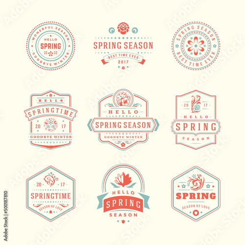 Spring typographic badges design set. Vector vintage logos elements good for spring greeting cards.