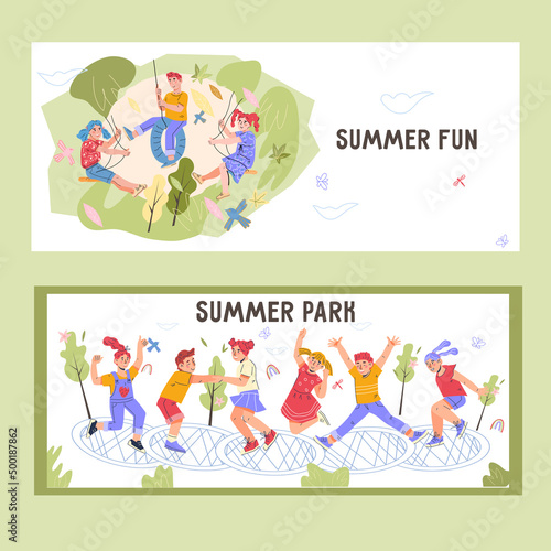 Summer park and kids camp activity advertising banners or flyers set. Kids summer fun and attractions promo posters  cartoon flat vector illustration.