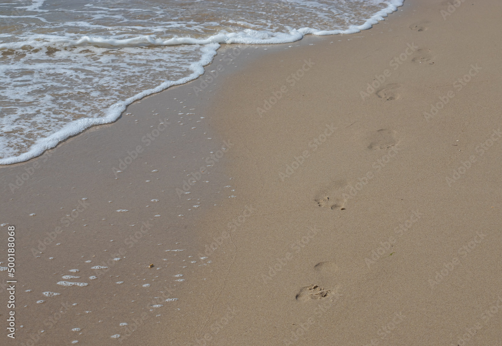 Footprints in the sand beach. Footprints in the sand against a sea wave. Footprints on a sunny day with golden sand, beach, wave and footsteps Footprints in the sand beach. Footprints in the sand against a sea wave. Footprints on a sunny day with golden sand, beach, wave and footsteps