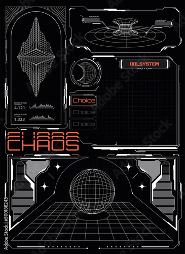A modern graphic layout of event cover design created in the style of modernism and minimalistic brutalism. Technology style, cyberpunk window, game interfaces. Futuristic info boxes layout templates