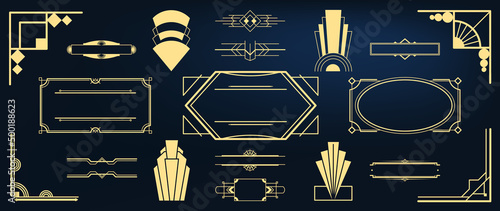 Collection of geometric art deco ornament. Luxury gold decorative elements with different line, shape, ornate corner, borders. Set of elegant design suitable for card, invitation, poster, wedding.