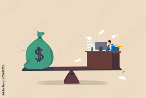 Wages, salary or income, work hard for money or incentive motivate to work overtime, overworked and life balance concept, businessman working hard on busy desk seesaw balance with wages money bag.