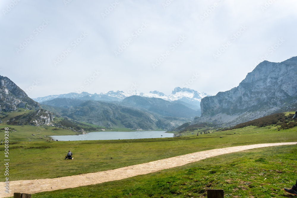 Path in Lake Ercina in the Lakes of Covadonga. Asturias. Spain