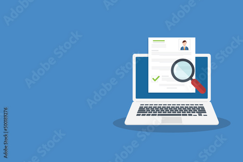 Online resume analysis, use magnifying glass to view recruitment resume, concept of recruitment and human resources