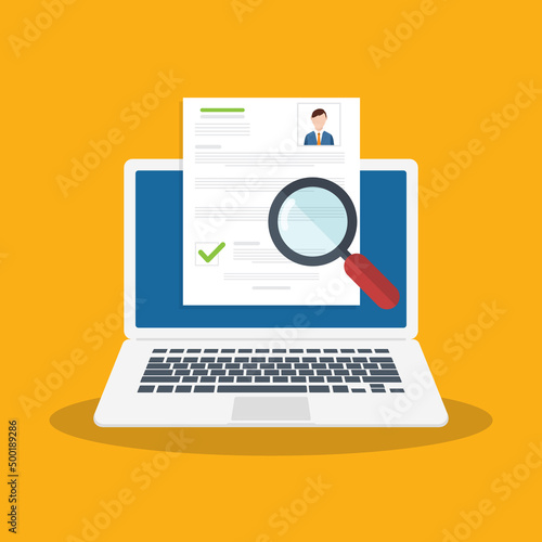 Online resume analysis, use magnifying glass to view recruitment resume, concept of recruitment and human resources