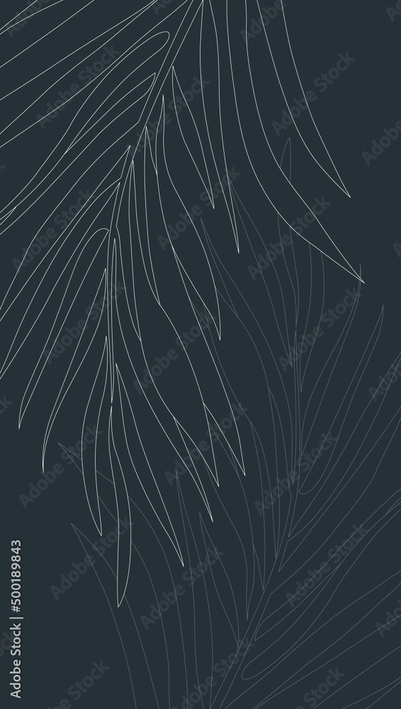 White and gray lines pattern of tropical leaves pattern style on dark gray background, flat line vector and illustration. White and gray lines pattern of tropical leaves pattern style on dark gray background, flat line vector and illustration.