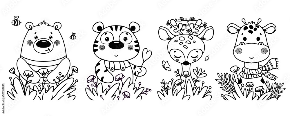 Set of cute cartoon characters outline. Coloring page for kids. Contour