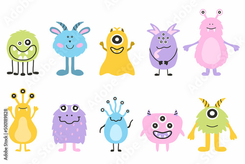 Set of monsters and aliens. Cute hand drawn monsters in scandinavian style. Doodle aliens. Vector illustration.