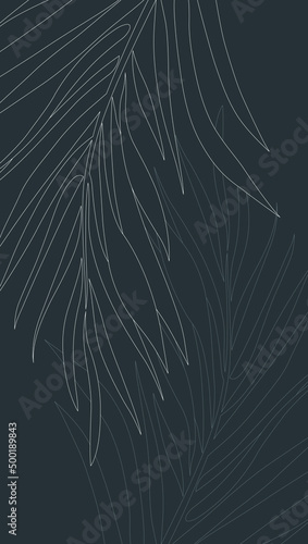 White and gray lines pattern of tropical leaves pattern style on dark gray background, flat line vector and illustration.