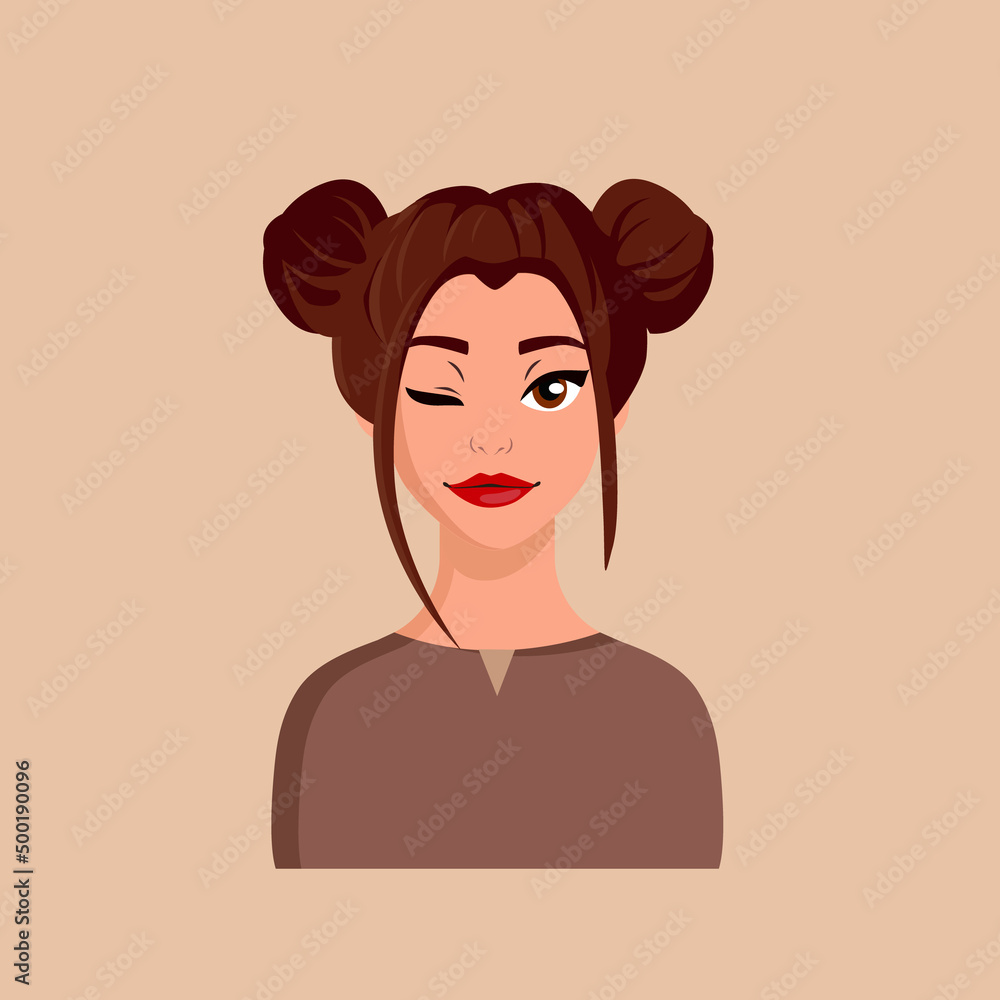 Cartoon Portrait of a Young Woman with Hair Buns. Fancy Lady. Vector Illustration
Cartoon Portrait of a Young Woman with Hair Buns. Fancy Lady. Vector Illustration