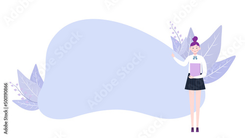 Businesswoman or student holding a book points to the  blank board. Business or education vector illustration background.