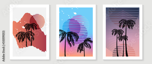 Abstract tropical summer wall art template. Futuristic wallpaper with circle, grid, coconut trees and gradient background. Modern style painting for wall decoration, interior, cover, banner.