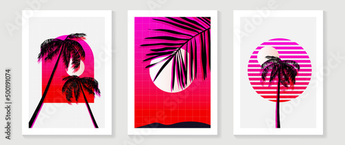 Abstract tropical summer wall art template. Futuristic sunset wallpaper with circle sun, grid, palm leaves, coconut trees. Pink gradient color painting for wall decoration, interior, cover, banner.