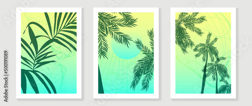 Abstract tropical summer wall art template. Green gradient wallpaper design with palm leaves, botanical, coconut trees. Modern style painting for wall decoration, interior, background, cover, banner.