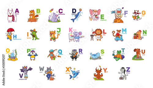 Alphabet with cute animals. Vector illustration