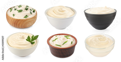 Set with tasty mayonnaise on white background. Banner design