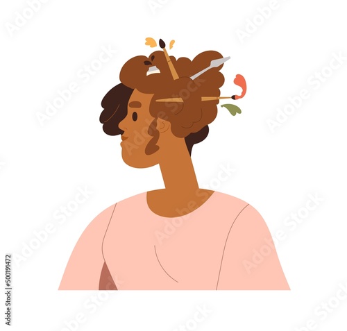 Creative inspired person. Woman artist with paint brushes in hair. Talented p...