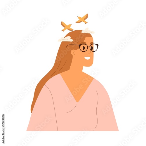 Creative mind, imagination, fantasy concept. Happy calm inspired person think...
