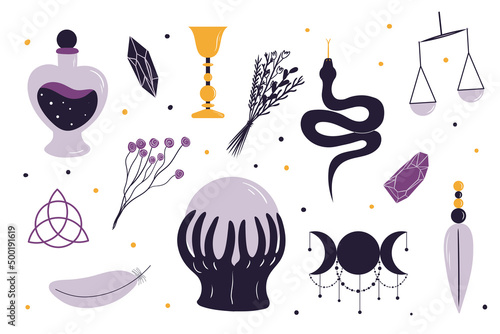 Set of witchcraft elements. Hand drawn collection in clean modern style. Wiccan themed illustrations, mysticism, spiritualism. Vol.3