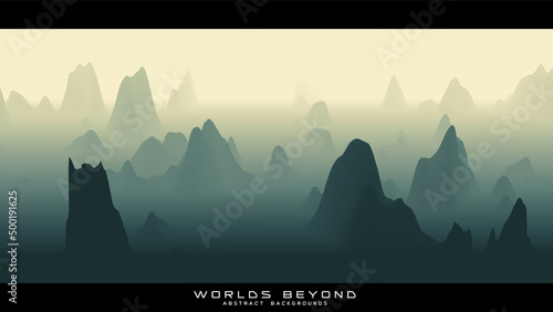 Abstract green landscape with misty fog till horizon over mountain slopes. Gradient eroded terrain surface. Worlds beyond.