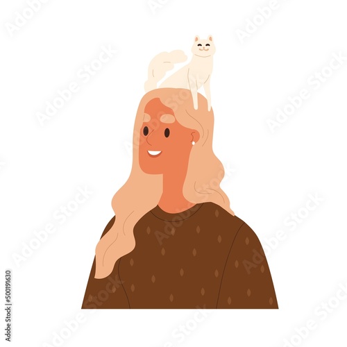 Happy woman with cute cat sitting over head. Pet owner and funny kitty, adora...