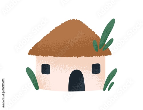 Cute fairytale home with plants. Small tiny fairy tale village house with straw roof, windows, door. Fantasy building. Childish flat vector illustration isolated on white background