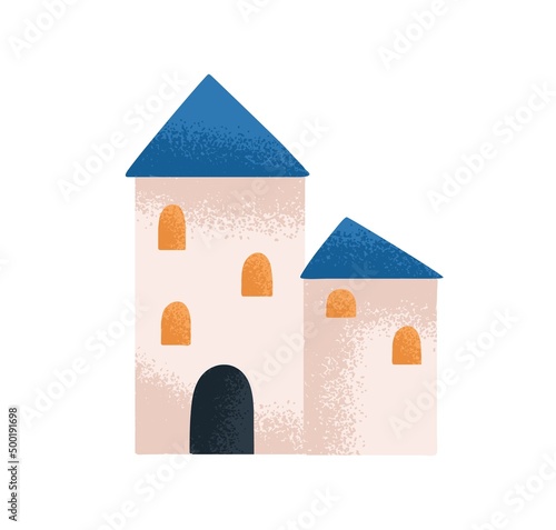 Cute fairytale home, medieval castle. Small tiny fairy tale house, towers with windows, door. Fantasy building exterior. Childish flat vector illustration isolated on white background