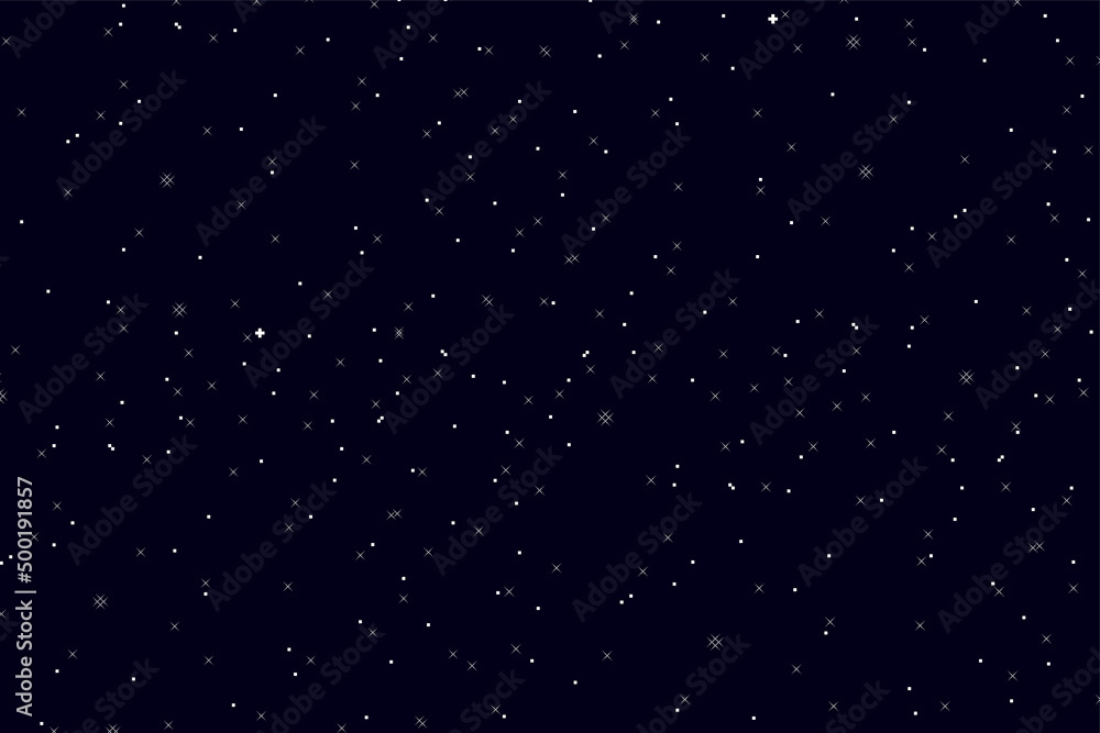 Starry space vector background. Pixel art. Pixel space 8 bit, dark background. 