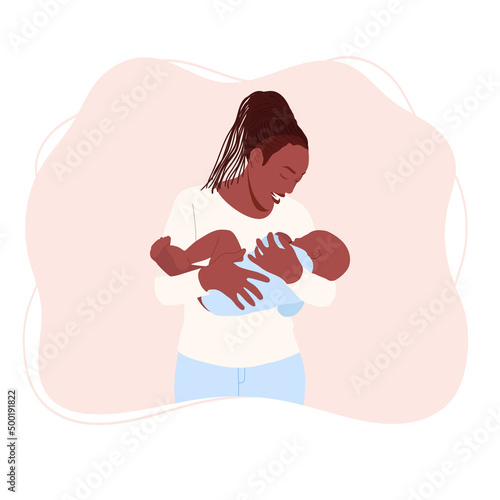 African American mother holding her newborn baby. Vector illustration photo