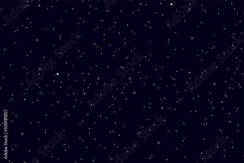 Starry space vector background. Pixel art. Pixel space 8 bit, dark background. 